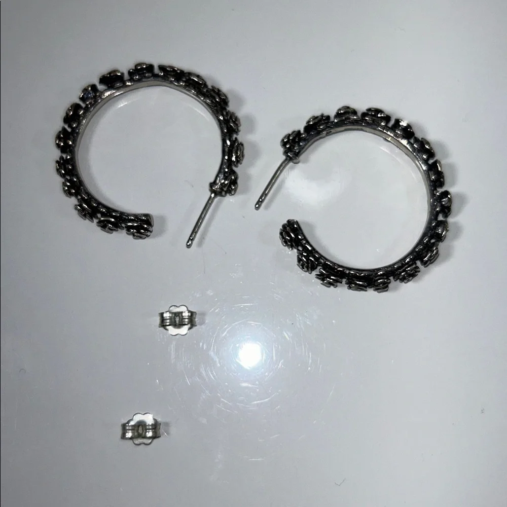 NWOT Israeli Designer Sterling Silver Rosebud Flower Hoop Earrings